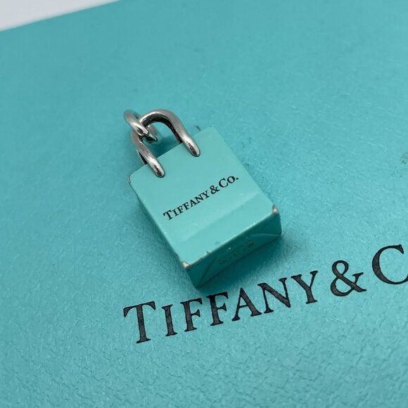 Tiffany & Co Silver Blue Enamel Shopping Bag Charm Pendant - Picture 2 of 10